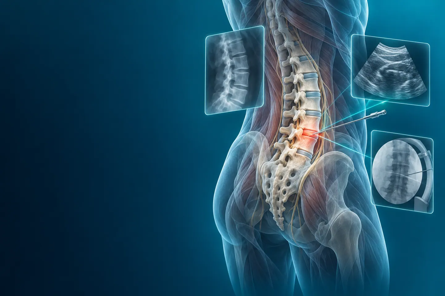 반투명한 허리와 척추 그림에서 한 마디가 붉게 표시되고, 주변에 X-ray·초음파·C-arm 영상 패널과 가는 바늘이 보이는 모습