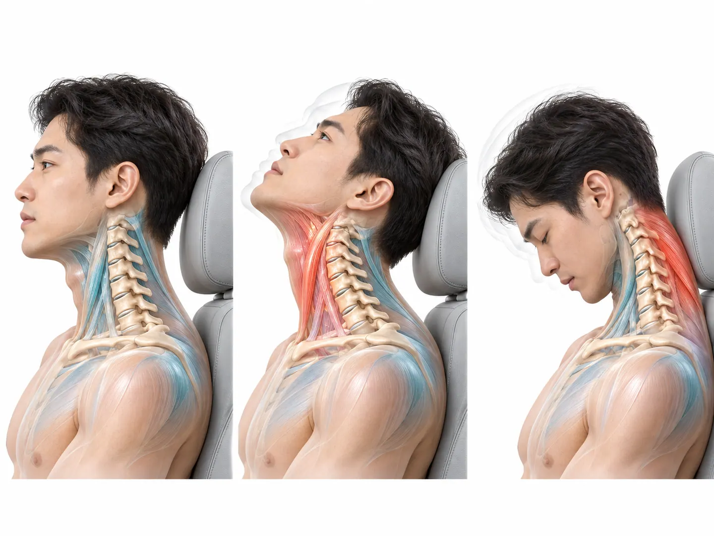 같은 사람의 목을 옆에서 본 세 장면: 평소 자세, 머리가 뒤로 젖혀져 앞목 근육이 늘어난 모습, 머리가 앞으로 꺾여 뒷목 근육이 늘어난 모습